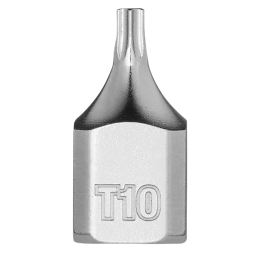 The 1/4" Drive T10 Low-Profile TORX Bit Socket is a metal tool bit with a compact design. It features a T10 size marking on the front face and is intended for use with a 1/4" drive socket wrench.
