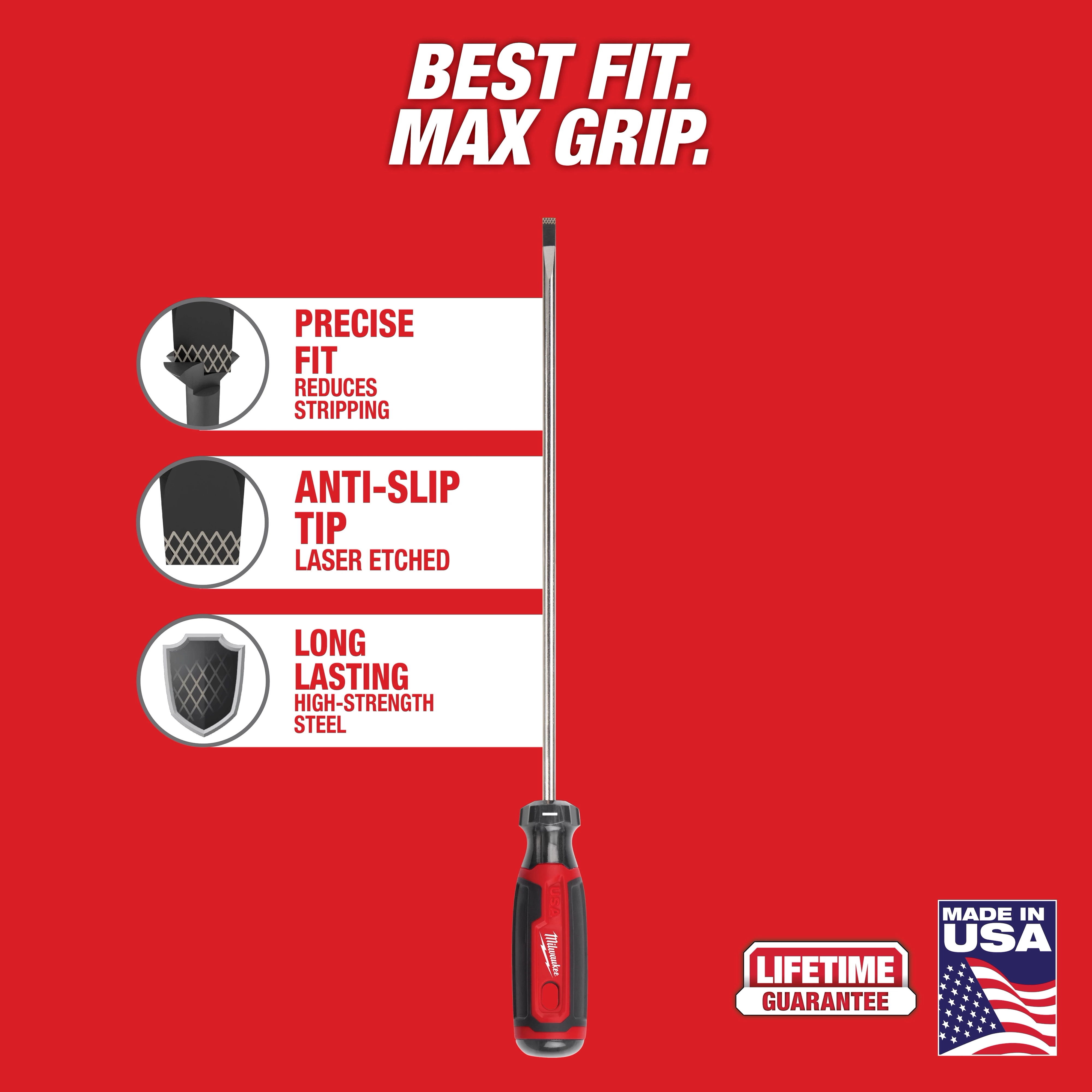 1/4" Cabinet 10" Cushion Grip Screwdriver features precise fit, anti-slip tip, and long-lasting high-strength steel. Made in the USA.