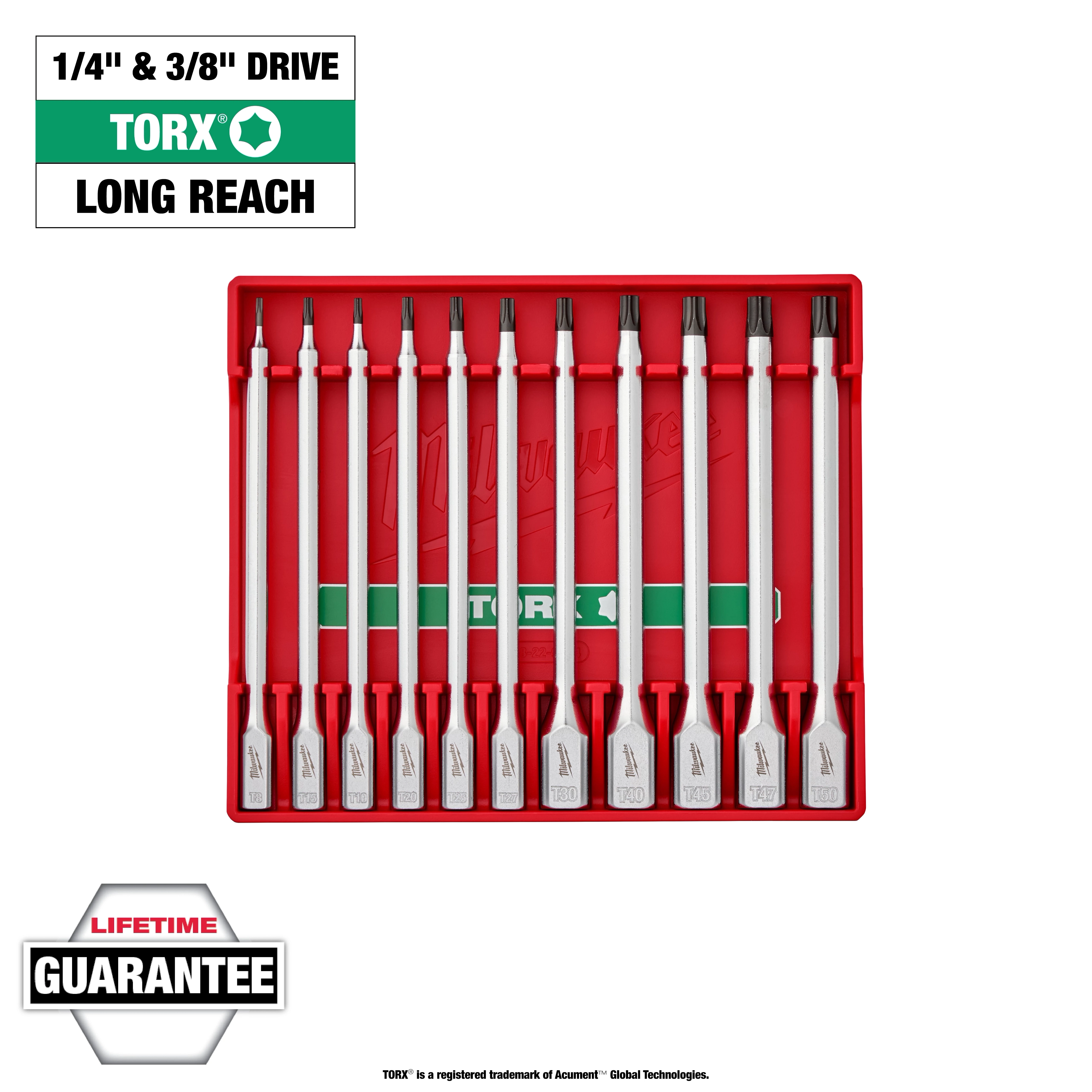 11-piece 1/4” and 3/8” drive long TORX bit socket set with red storage case, featuring lifetime guarantee.