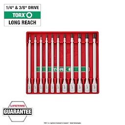11-piece 1/4” and 3/8” drive long TORX bit socket set with red storage case, featuring lifetime guarantee.