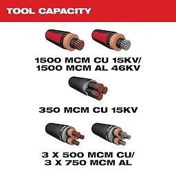 The M18 FORCE LOGIC Underground Cable Cutter has a tool capacity for cutting 1500 MCM CU 15KV / 1500 MCM AL 46KV, 350 MCM CU 15KV, and 3 x 500 MCM CU / 3 x 750 MCM AL cables.