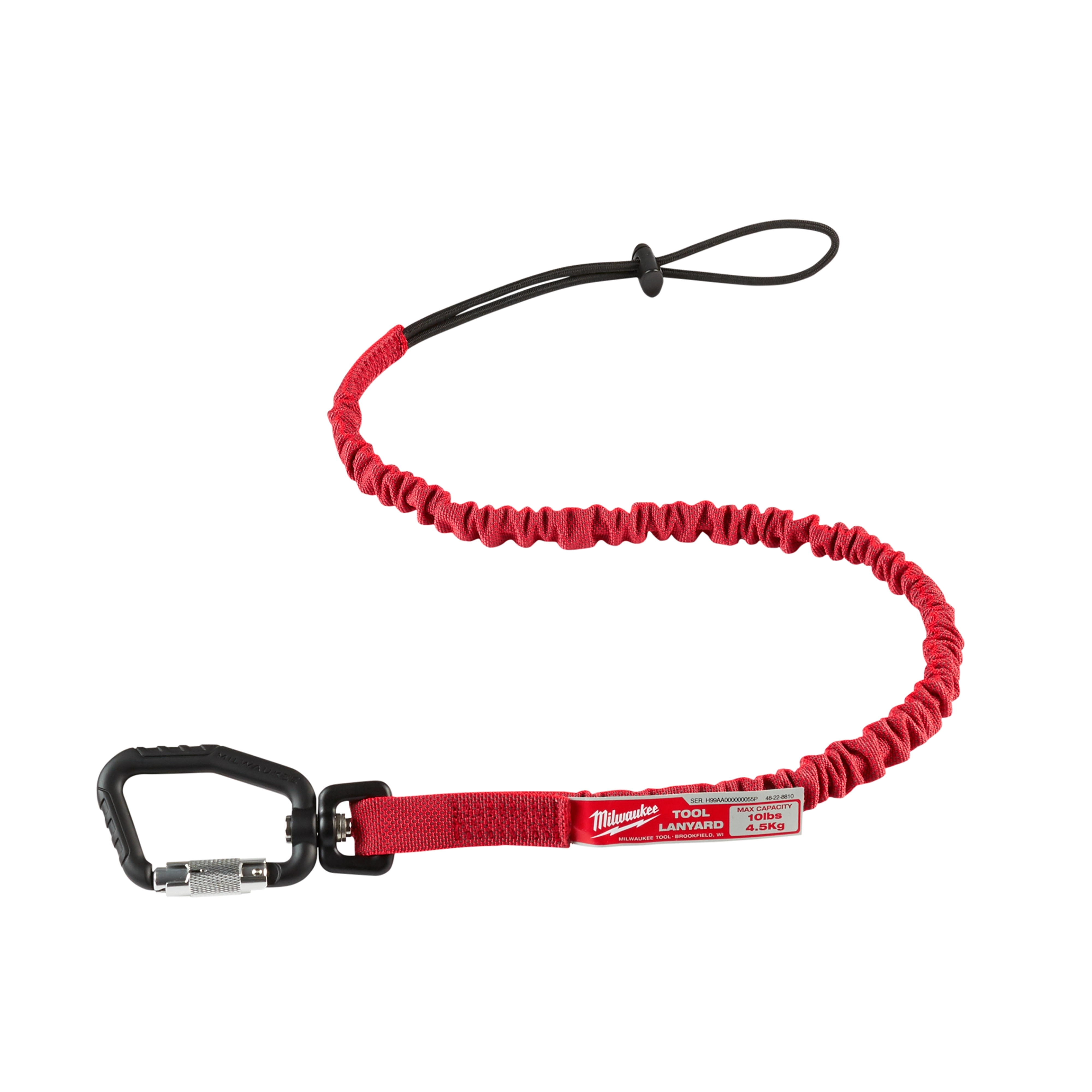 10 LB Locking Tool Lanyard with a red, elastic cord and black carabiner clip, used for securing tools up to 10 pounds.
