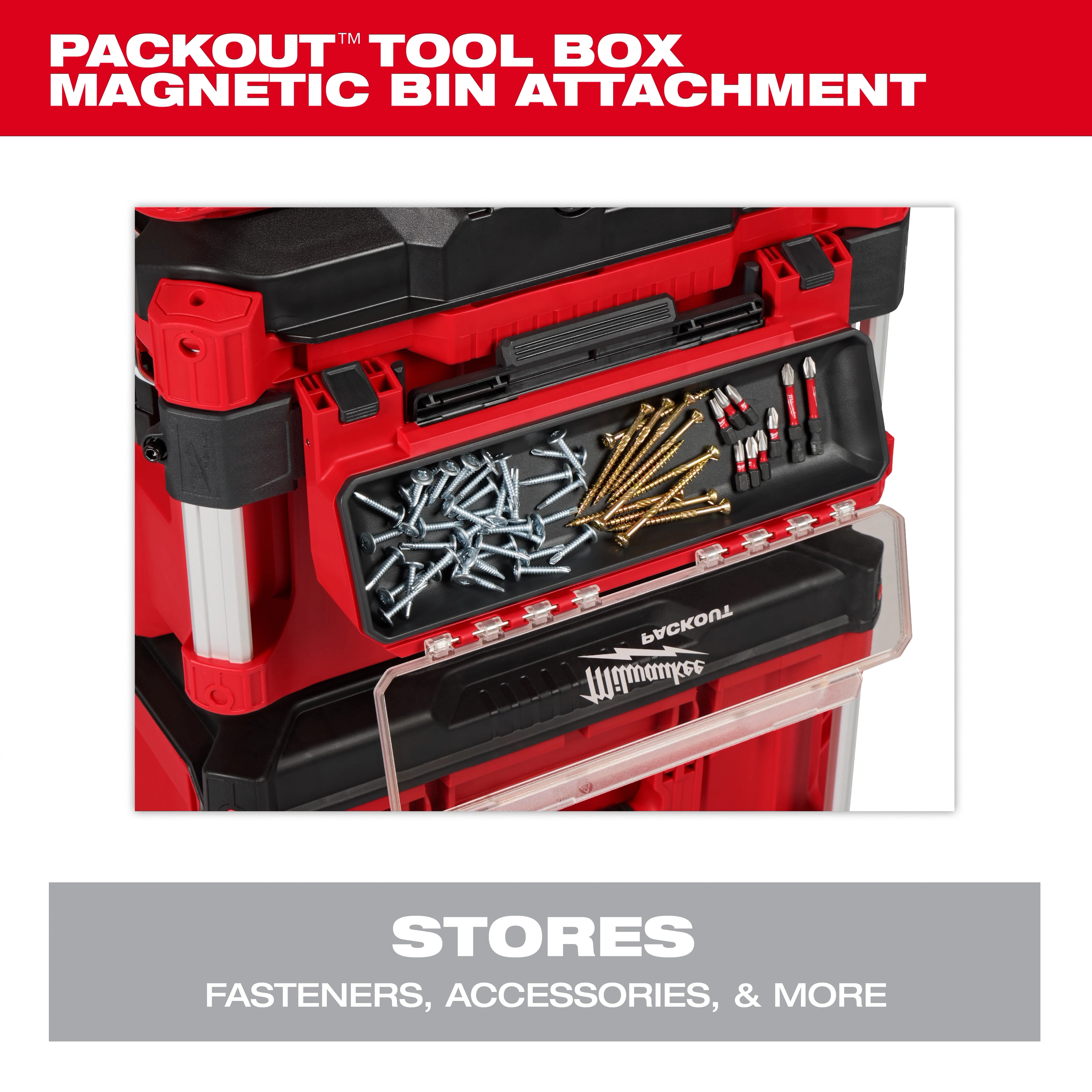 PACKOUT Tool Box Magnetic Bin Attachment holds screws, nails, and fasteners. Installs on the side of a red tool box for easy access.