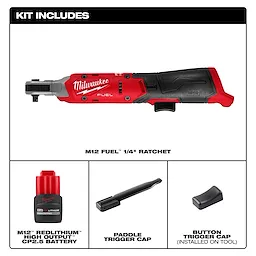 The product image features the M12 FUEL™ 1/4" Ratchet. The kit includes an M12™ REDLITHIUM™ High Output™ CP2.5 Battery, a paddle trigger cap, and a button trigger cap (installed on tool).
