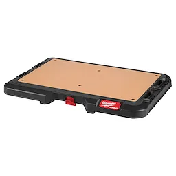 PACKOUT Customizable Work Top with a wooden surface and a black plastic frame, featuring a red locking mechanism and logo.