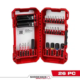 The image shows the SHOCKWAVE™ Impact Duty Drive and Fasten Set - 26PC. It includes various screwdriver bits and sockets efficiently organized in a red plastic case that opens in the center. The case is labeled to fit in PACKOUT organizers. The set features both metric and imperial sizes.