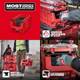 Worker using red PACKOUT Compact Crate storage box with stackable organizers and customizable dividers