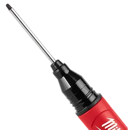 The INKZALL™ 2IN1 Deep Reach Ultra Fine Point Black Jobsite Marker features an elongated tip for hard-to-reach areas. The marker has a red body with a black cap and retractable silver point, ideal for precision marking on various surfaces.