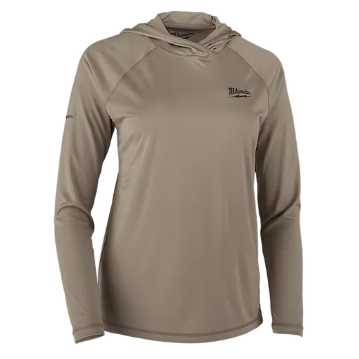 The image shows the Women's WORKSKIN™ Hooded Sun Shirt – Sandstone. It is a long-sleeved, lightweight, beige hooded shirt designed for sun protection. The shirt features the Milwaukee logo on the chest and is intended for women.