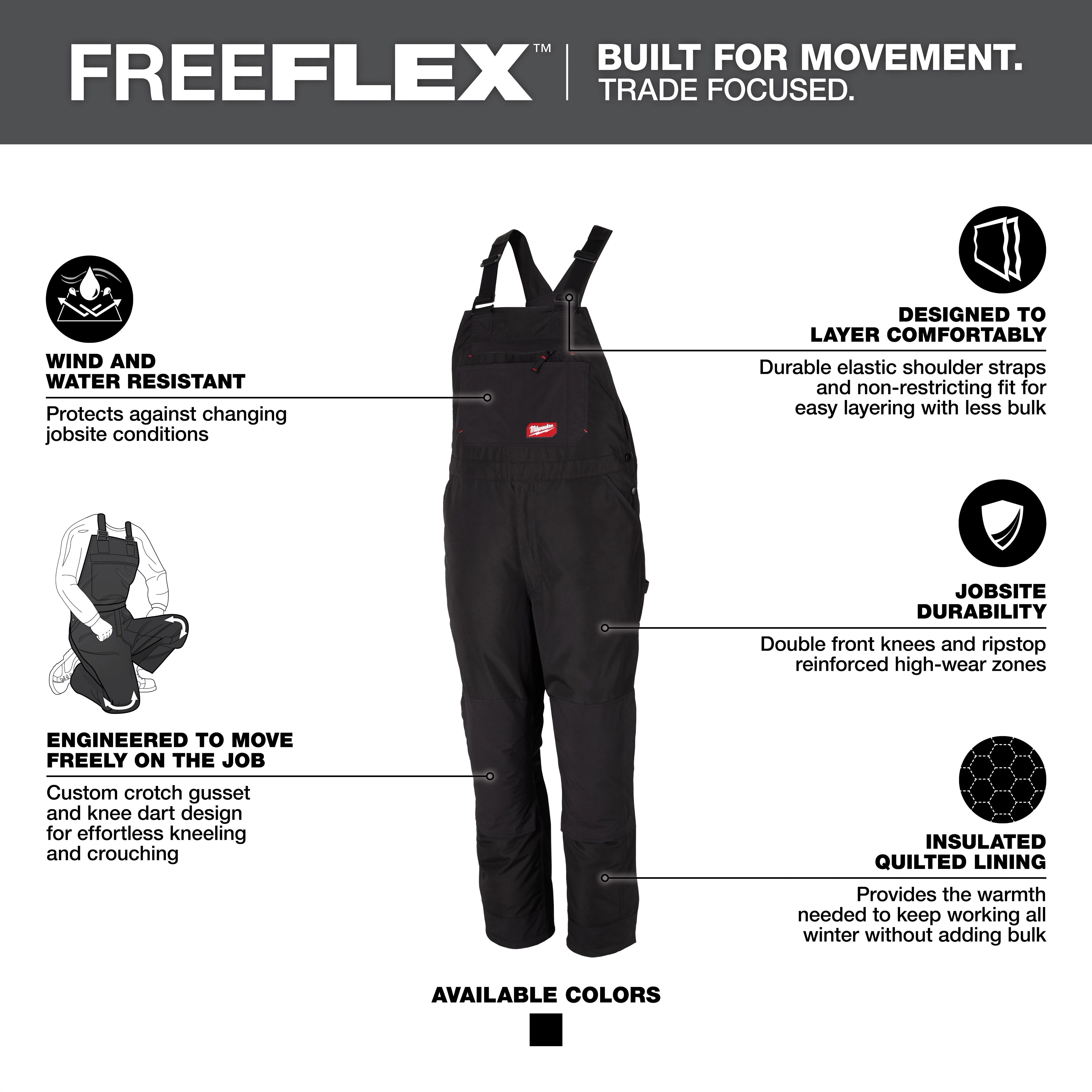 FREEFLEX Insulated Bib Overalls are black, wind and water-resistant, with quilted lining, elastic straps, reinforced knees, and designed for easy movement.