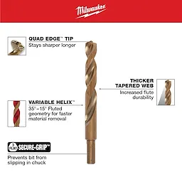 Milwaukee Cobalt Drill Bit features a Quad Edge tip for lasting sharpness, Variable Helix geometry for faster material removal, thicker tapered web for increased durability, and a 3-flat Secure-Grip to prevent slipping in the chuck. This drill bit is highlighted against a red background.