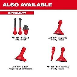 The image shows four AIR-TIP™ Specialty tools, each with a red handle. The tools include AIR-TIP™ Conduit Line Puller, Magnetic Utility Nozzle, 2-1/2" Magnetic Utility Nozzle, and Non-Marring Utility Nozzle. The top of the image reads "ALSO AVAILABLE SPECIALTY" over a red banner.