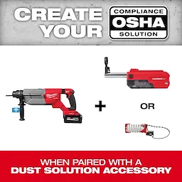 OSHA compliance solution with Milwaukee tools, showing a hammer and two dust solution accessories alongside. Text emphasizes dust solution pairing.