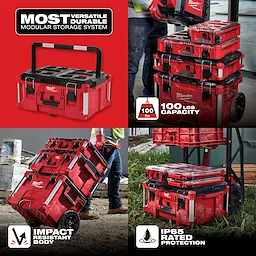 Milwaukee PACKOUT Large Tool Box offers a modular storage system with 100 lbs capacity, impact-resistant body, and IP65 rated protection.