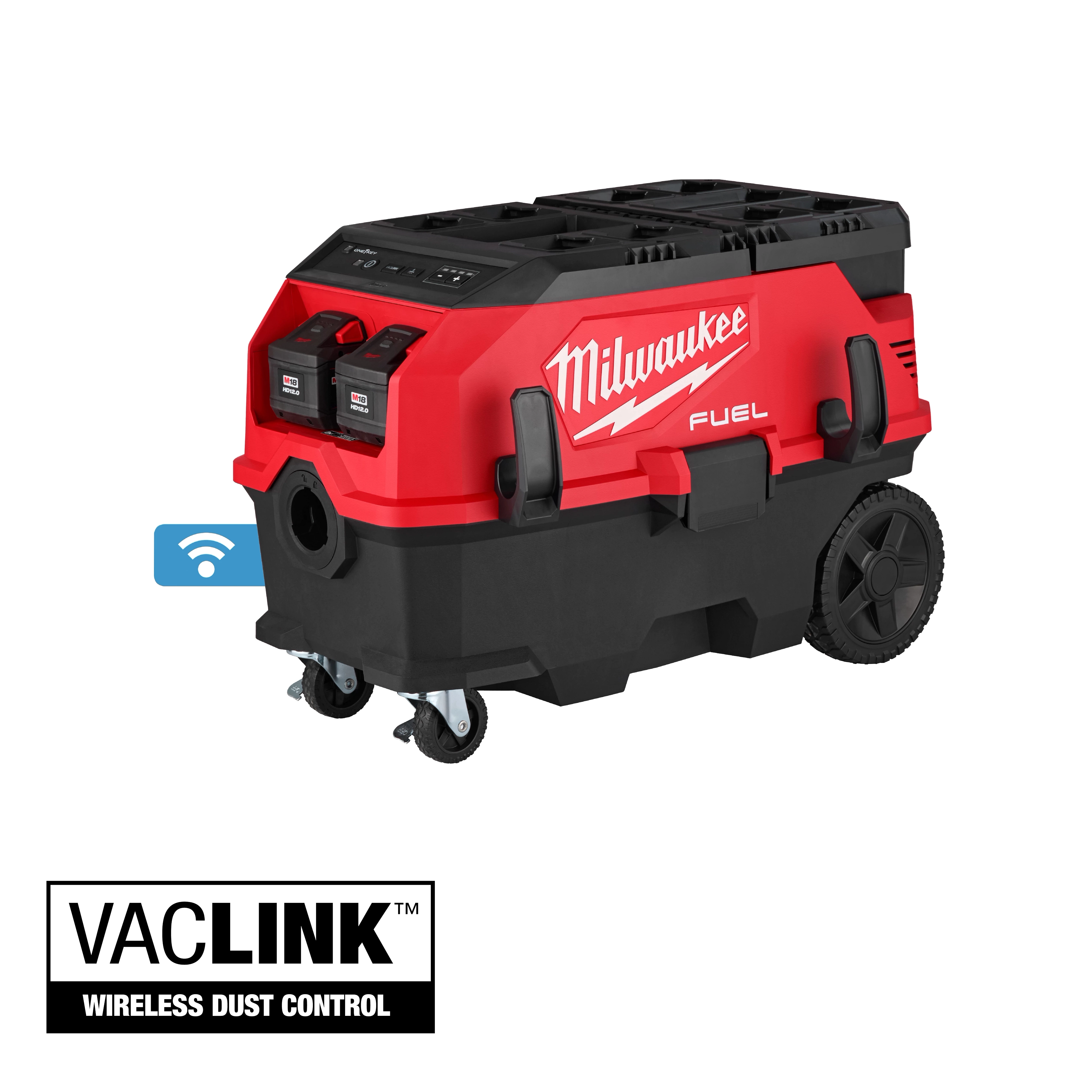 The image shows the Milwaukee M18 FUEL™ 9 Gallon Dual Battery Dust Extractor with PACKOUT™ Compatibility and VACLINK™. This red and black dust extractor has wheels and dual batteries and features wireless dust control with VACLINK™ technology.