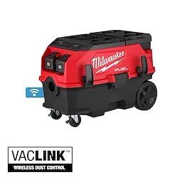 The image shows the Milwaukee M18 FUEL™ 9 Gallon Dual Battery Dust Extractor with PACKOUT™ Compatibility and VACLINK™. This red and black dust extractor has wheels and dual batteries and features wireless dust control with VACLINK™ technology.