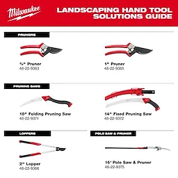 This image is the "Landscaping Hand Tool Solutions Guide" from Milwaukee. It displays various hand tools including pruners, pruning saws, loppers, and a pole saw & pruner, along with their respective model numbers: 48-22-9363, 48-22-9365, 48-22-9371, 48-22-9372, 48-22-9366, and 48-22-9375.