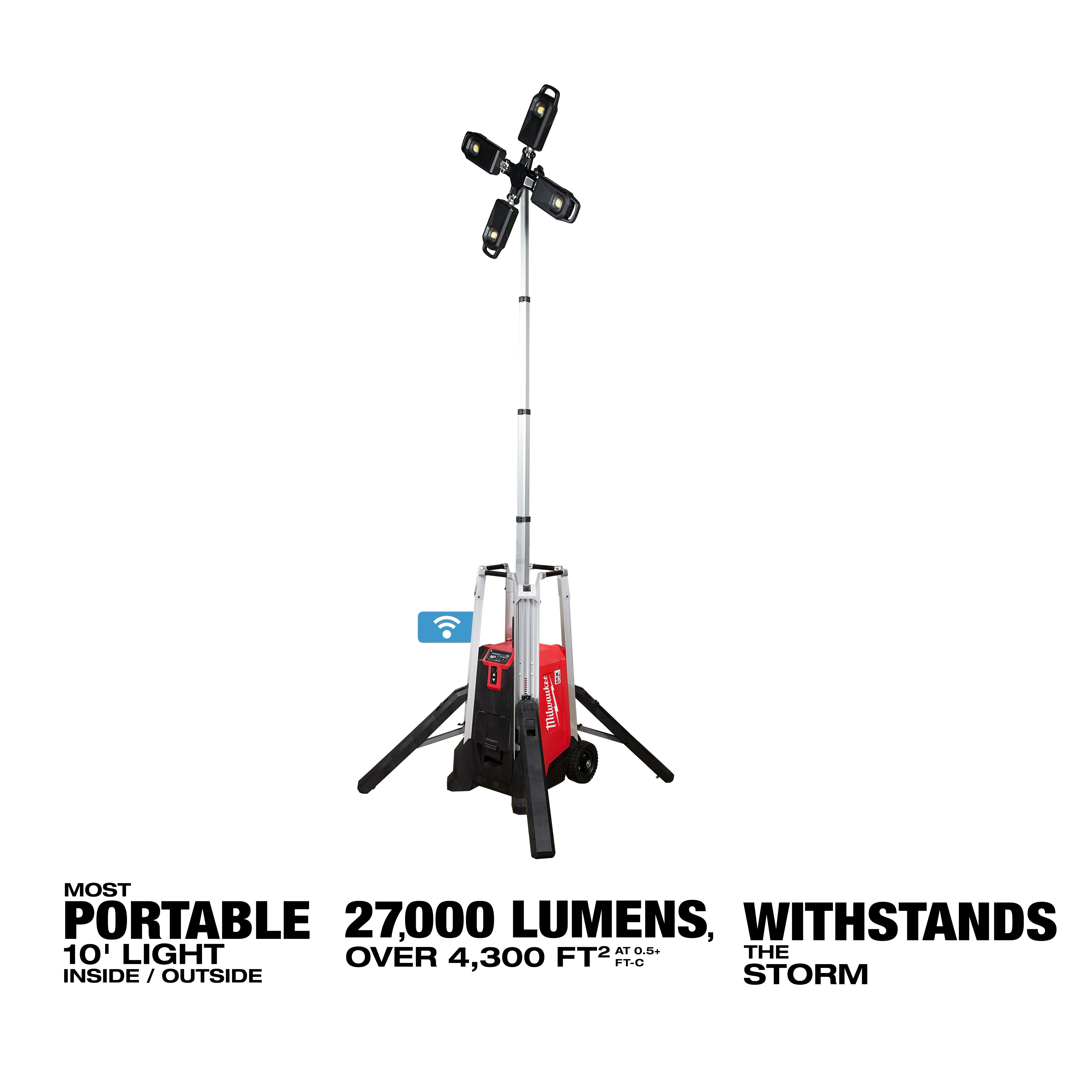 MX FUEL ROCKET Tower Light/Charger shown extended with four LED lights on top, sturdy tripod base, and red charger at the bottom.