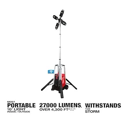 MX FUEL ROCKET Tower Light/Charger shown extended with four LED lights on top, sturdy tripod base, and red charger at the bottom.