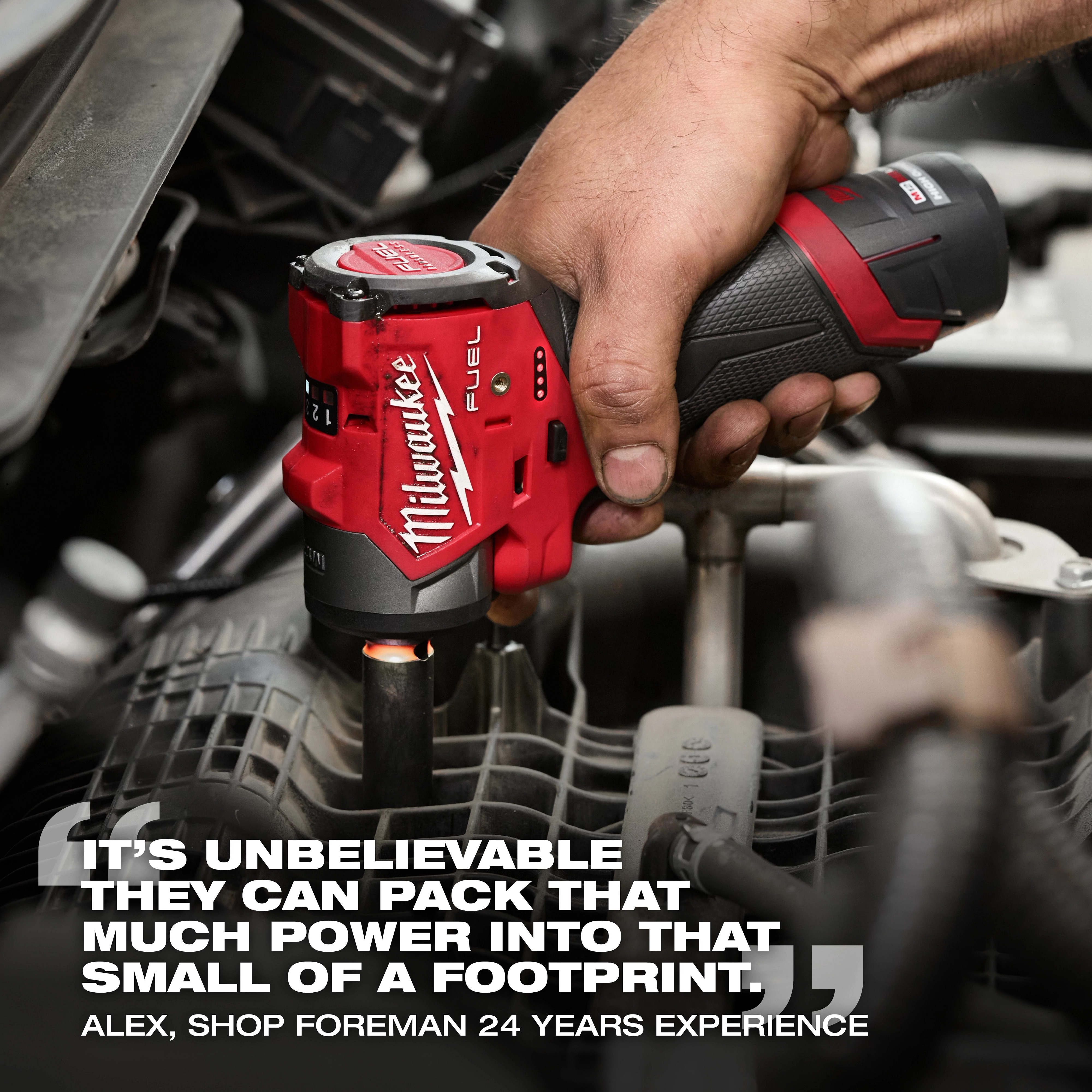 A hand operates the Milwaukee M12 FUEL™ Subcompact Impact Wrench with Friction Ring, tightening a bolt in an engine bay. A testimonial quote below the image praises the tool's power and compact size.
