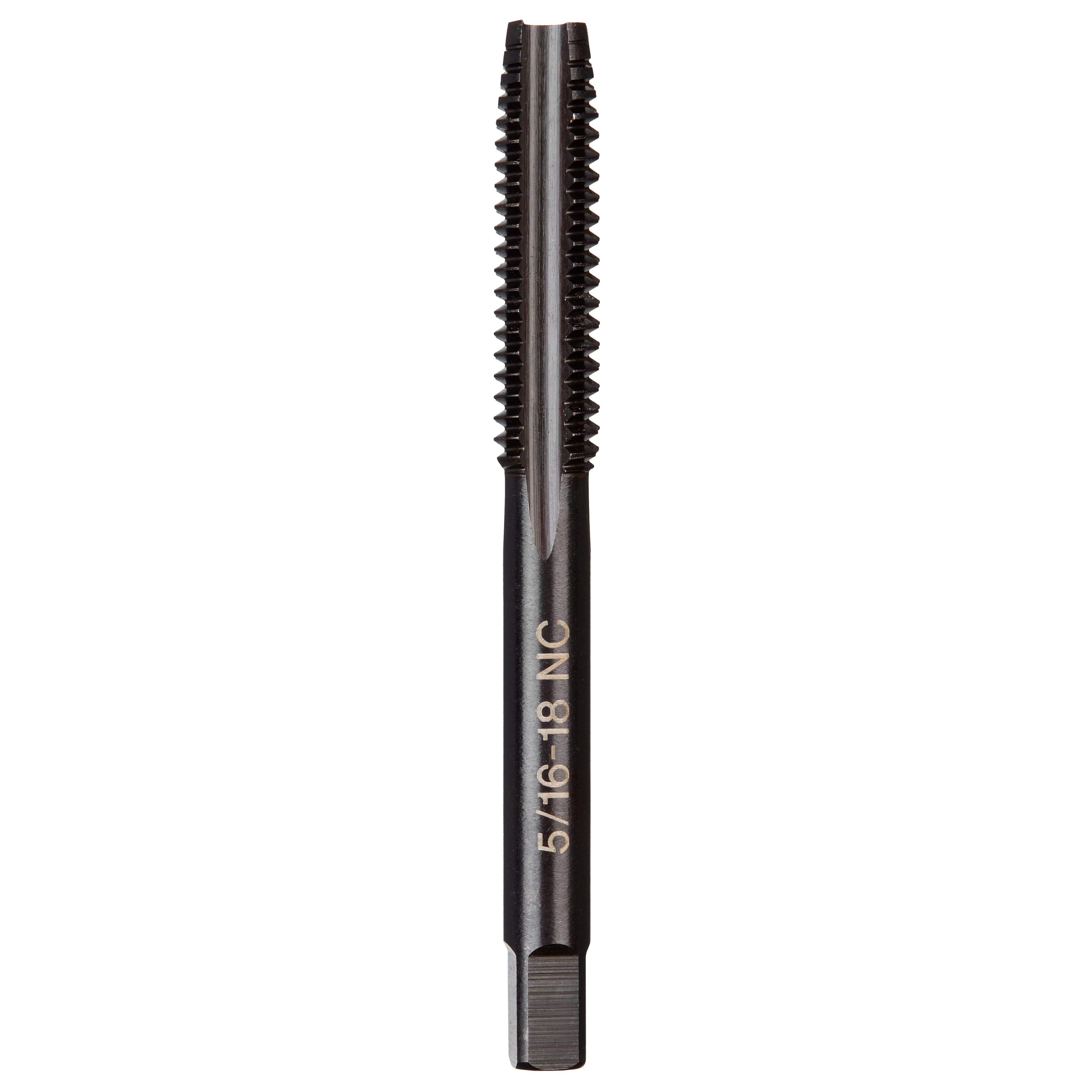 5/16"-18 NC Straight Flute Plug Tap, a black metal tool with straight flutes, designed for cutting threads in metal.