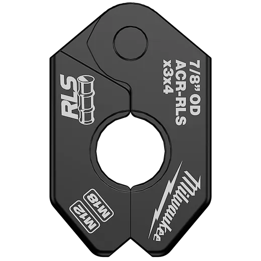 The 7/8" RLS® Pivoting Press Ring by Milwaukee has an outer diameter of 7/8 inches and is labeled with RLS logos, specifications, and the Milwaukee brand name. It features a black, sturdy design with a central circular opening.