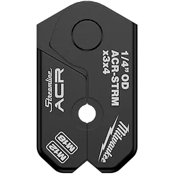 The 1/4" Streamline® ACR Pivoting Press Ring is a black tool with white text indicating its specifications. It includes branding from Streamline® and Milwaukee. It features a central pivoting point designed for 1/4" outside diameter pipes with specific model and measurement details highlighted on the surface.