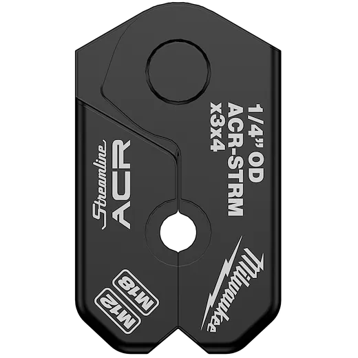 The 1/4" Streamline® ACR Pivoting Press Ring is a black tool with white text indicating its specifications. It includes branding from Streamline® and Milwaukee. It features a central pivoting point designed for 1/4" outside diameter pipes with specific model and measurement details highlighted on the surface.
