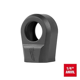 The image shows a black Milwaukee-branded M12 FUEL™ ¼” Ratchet Protective Boot. It is designed to fit around the head of a ratchet tool to provide additional protection. The words "¼" ANVIL" appear in the bottom right corner.