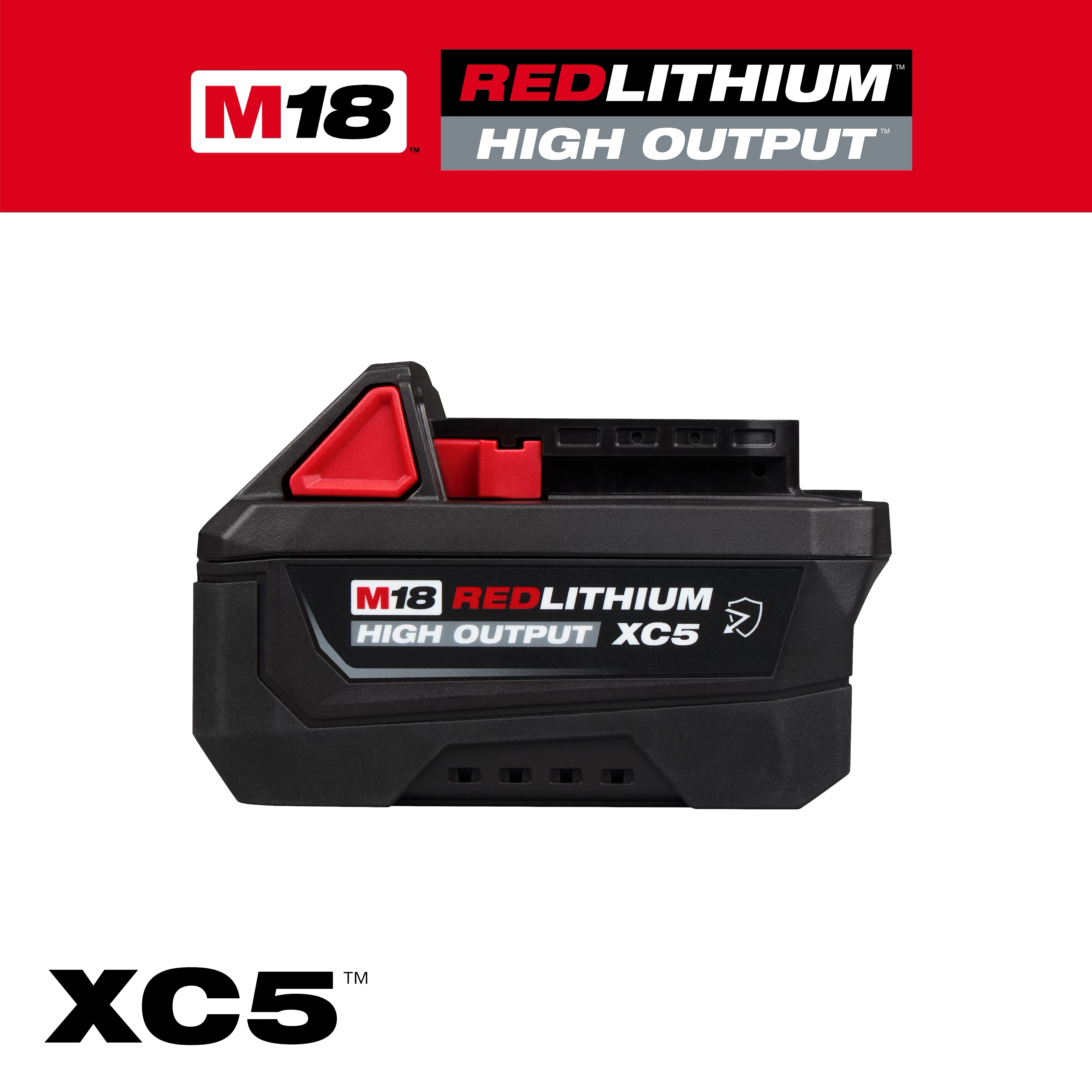 M18 REDLITHIUM HIGH OUTPUT XC5 Resistant Battery Pack shown in a side view against a simple background.