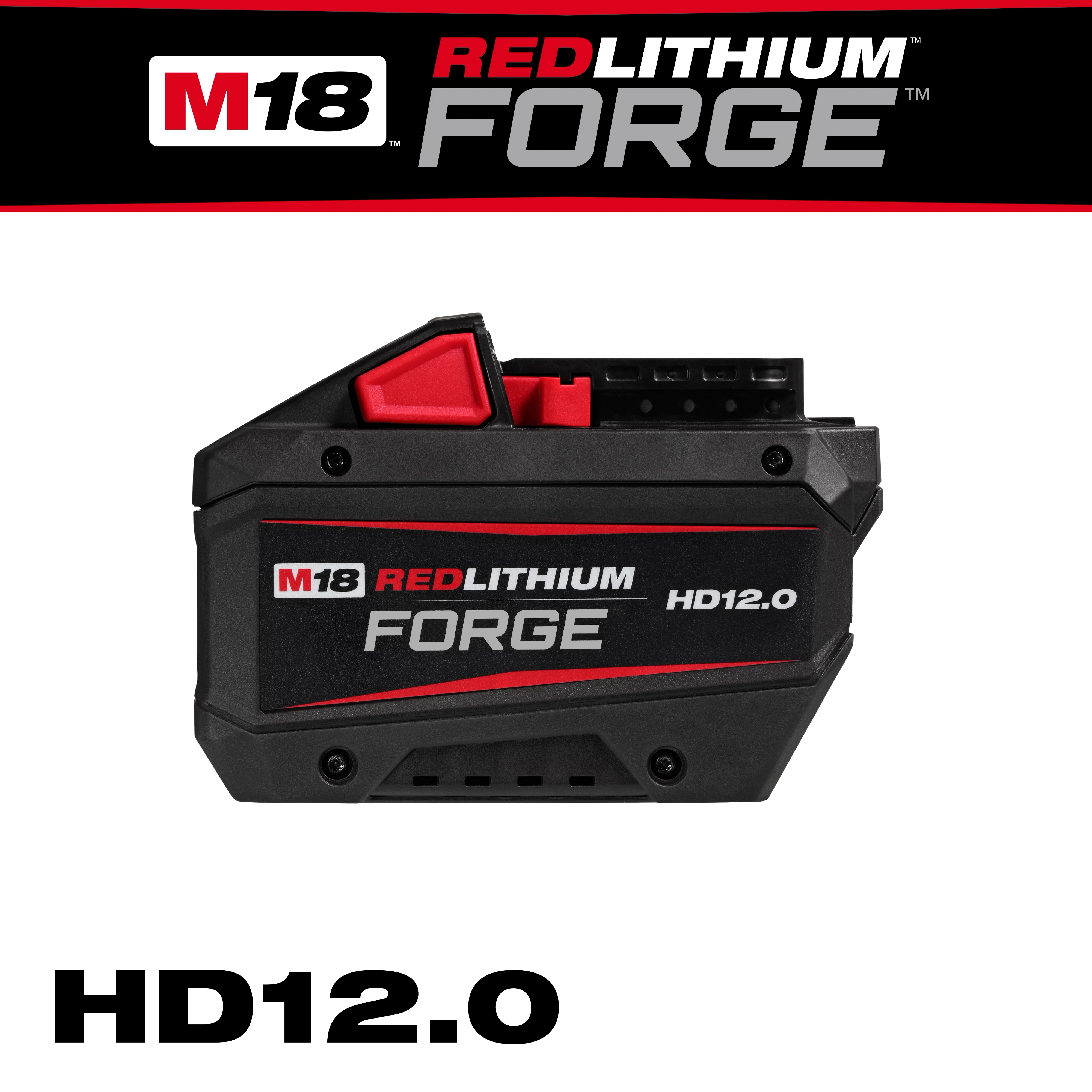 M18 REDLITHIUM FORGE HD12.0 Battery Pack, black with red accents, shown against a white background with brand logos above.