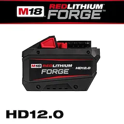 M18 REDLITHIUM FORGE HD12.0 Battery Pack, black with red accents, shown against a white background with brand logos above.