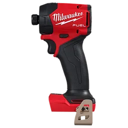 The M18 FUEL™ SURGE™ 1/4" Hex Hydraulic Driver is a cordless, red and black power tool with a sleek ergonomic design, featuring a gripped handle and firm attachment points. The Milwaukee logo is prominently displayed on the side. A metal belt clip is attached to the bottom part of the handle.