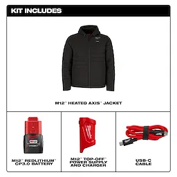 M12 Heated AXIS Jacket, M12 Redlithium CP3.0 battery, M12 top-off power supply and charger, and USB-C cable.