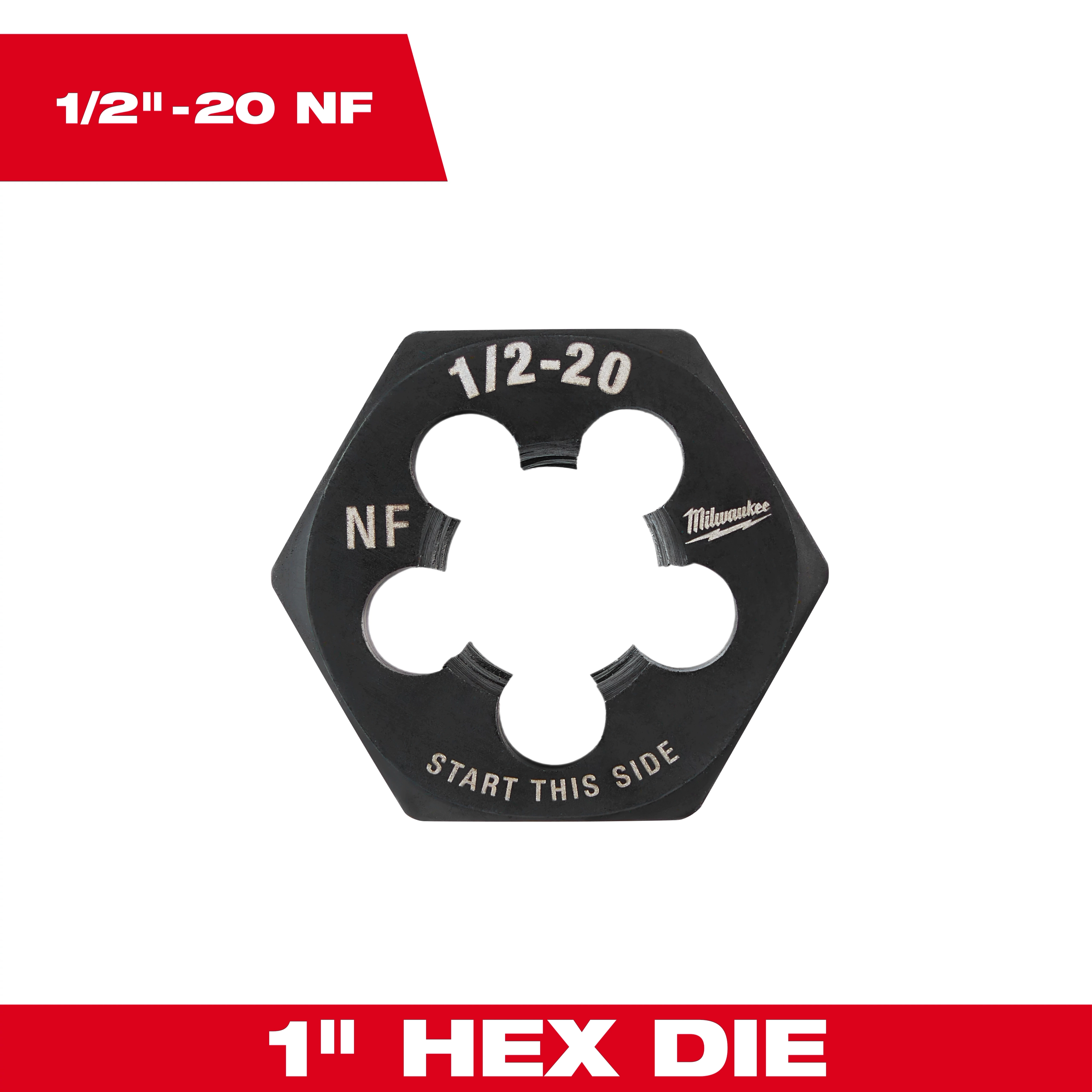 1/2"-20 NF 1-Inch Hex Threading Die with text "START THIS SIDE" on the bottom face. The background is white.