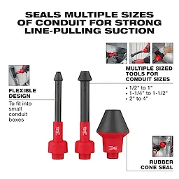 Image of the AIR-TIP™ Conduit Line Puller Kit. The kit includes three red and black pullers. Text indicates it seals multiple conduit sizes for strong line-pulling suction, with flexible design, and rubber cone seal. Sizes listed are 1/2" to 1", 1-1/4" to 1-1/2", and 2" to 4".