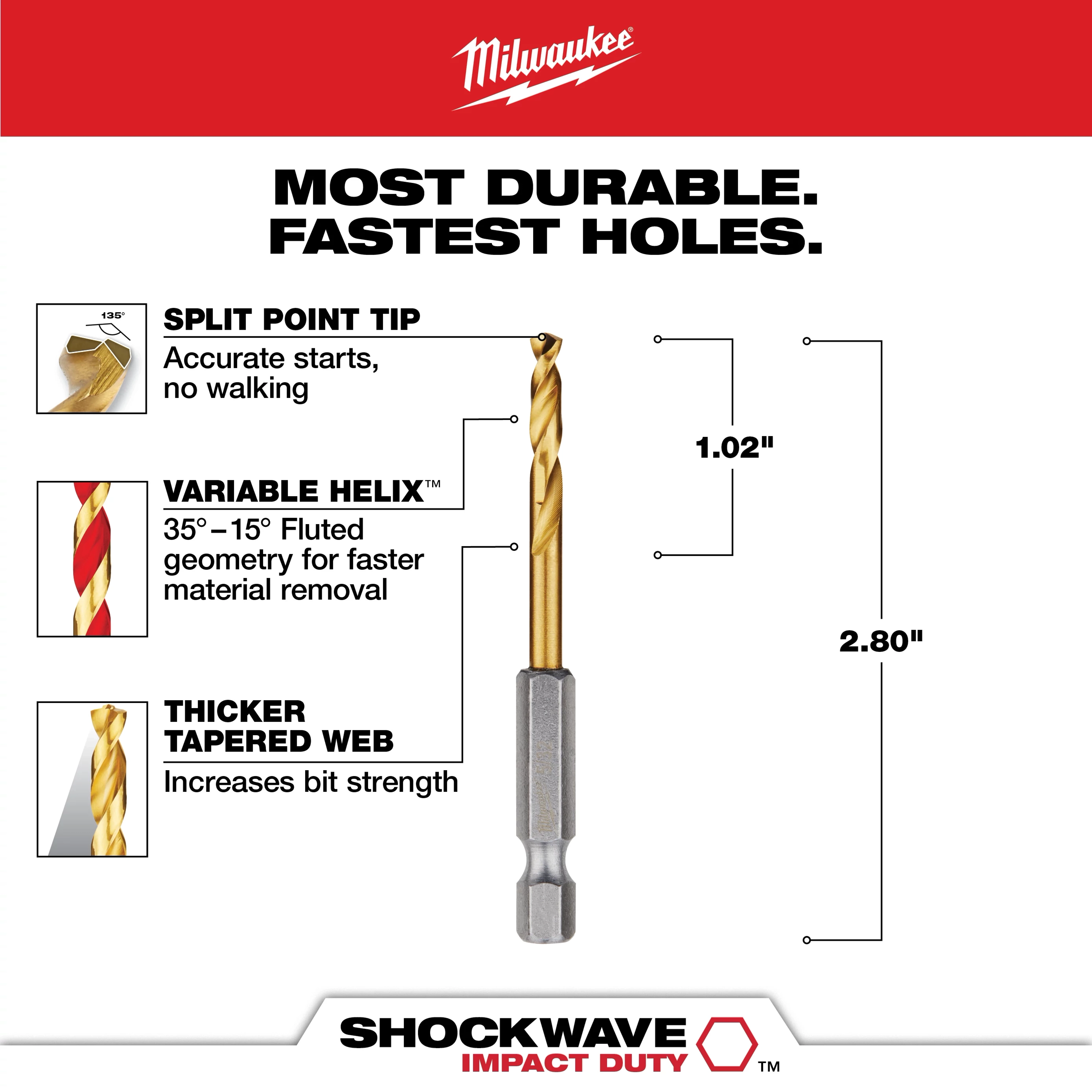 The SHOCKWAVE 5/32 in. Titanium Drill Bit features a split point tip for accurate starts, a variable helix for faster material removal, and a thicker tapered web for increased strength. The bit measures 2.80 inches in length with 1.02 inches of flute length.