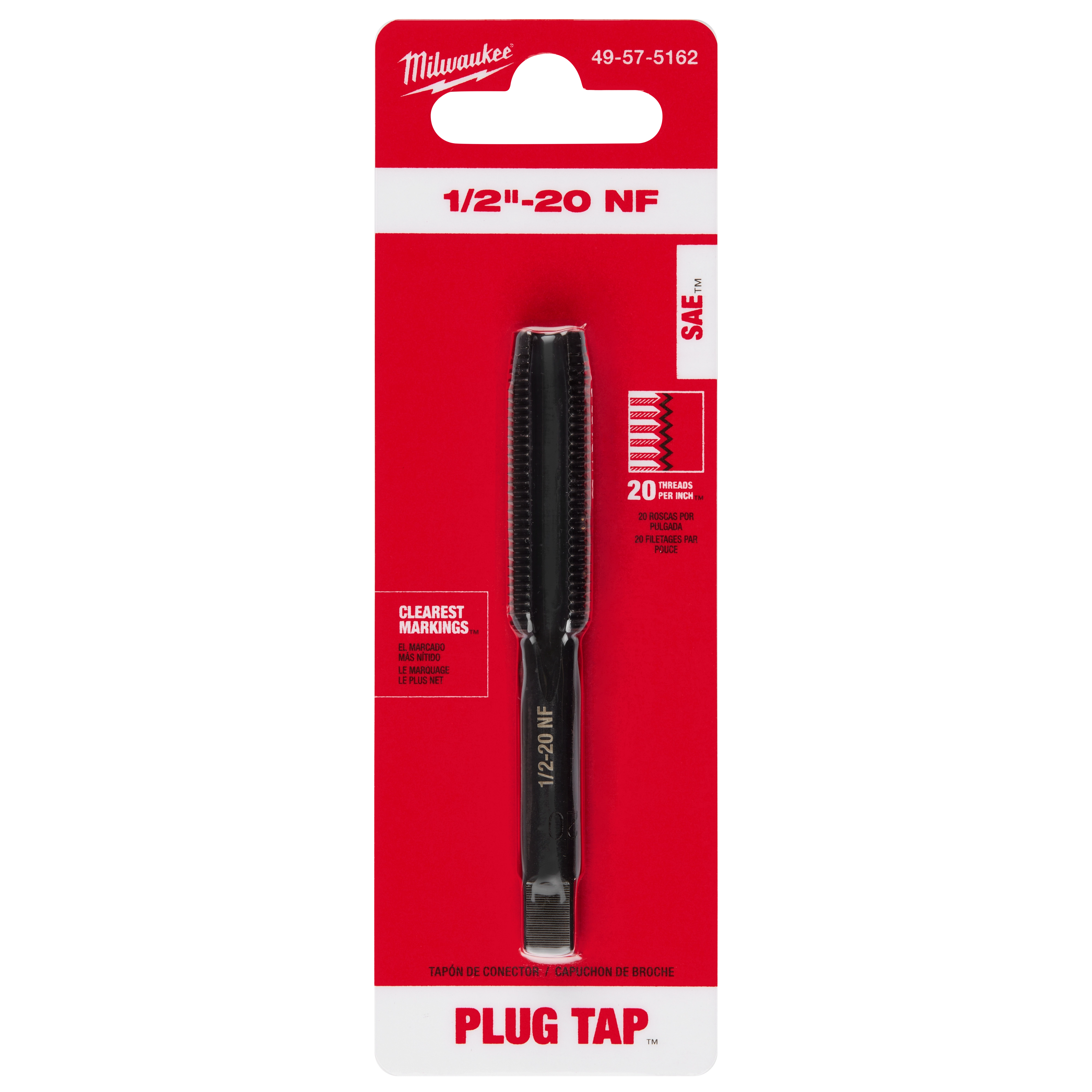 Packaged 1/2"-20 NF Straight Flute Plug Tap with a red background. Product is shown vertically with specifications visible.