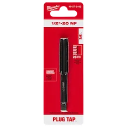 Packaged 1/2"-20 NF Straight Flute Plug Tap with a red background. Product is shown vertically with specifications visible.