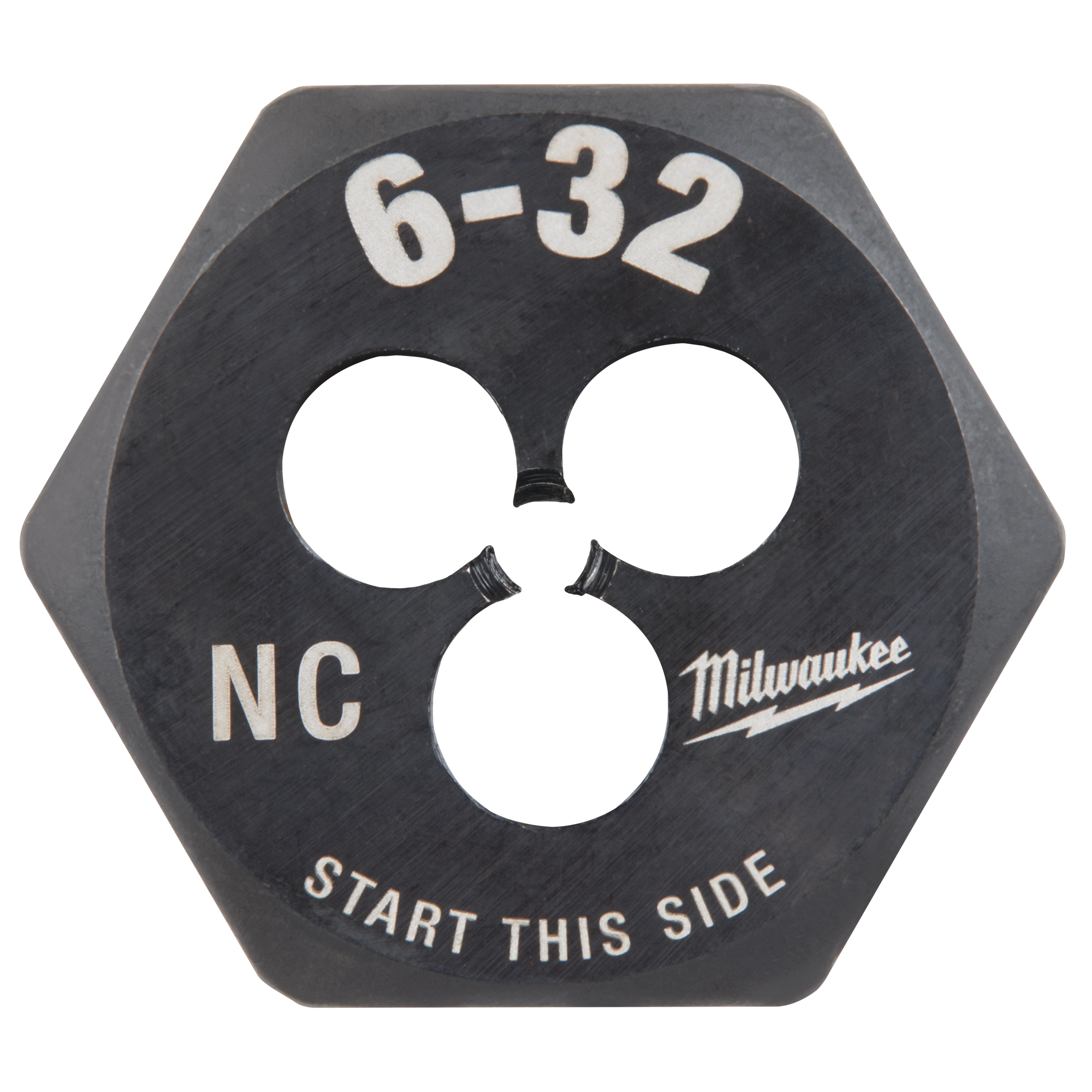 Milwaukee 6-32 NC 1-Inch Hex Die, featuring markings for size and usage direction. Text includes "START THIS SIDE" on the bottom.