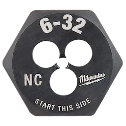 Milwaukee 6-32 NC 1-Inch Hex Die, featuring markings for size and usage direction. Text includes "START THIS SIDE" on the bottom.