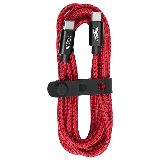 The image displays a 100W 6ft USB-C Cable wrapped neatly with a black strap. The cable is red with black woven accents, featuring USB-C connectors on both ends that are labeled with "100W".