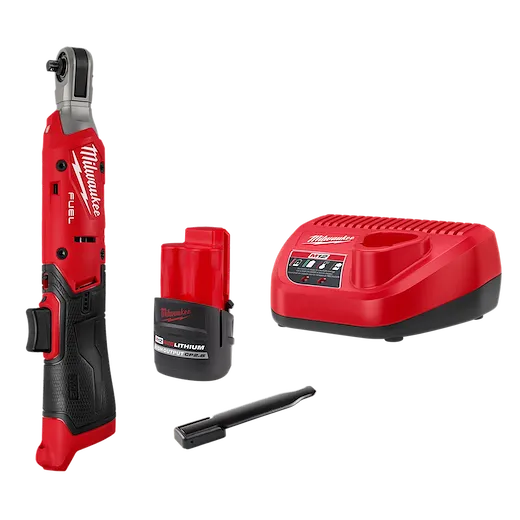 M12 FUEL™ 1/4" Ratchet Kit includes a red and black cordless ratchet, a rechargeable battery, a charger, and a small tool. The ratchet features speed control buttons and the brand name is visible on all components.
