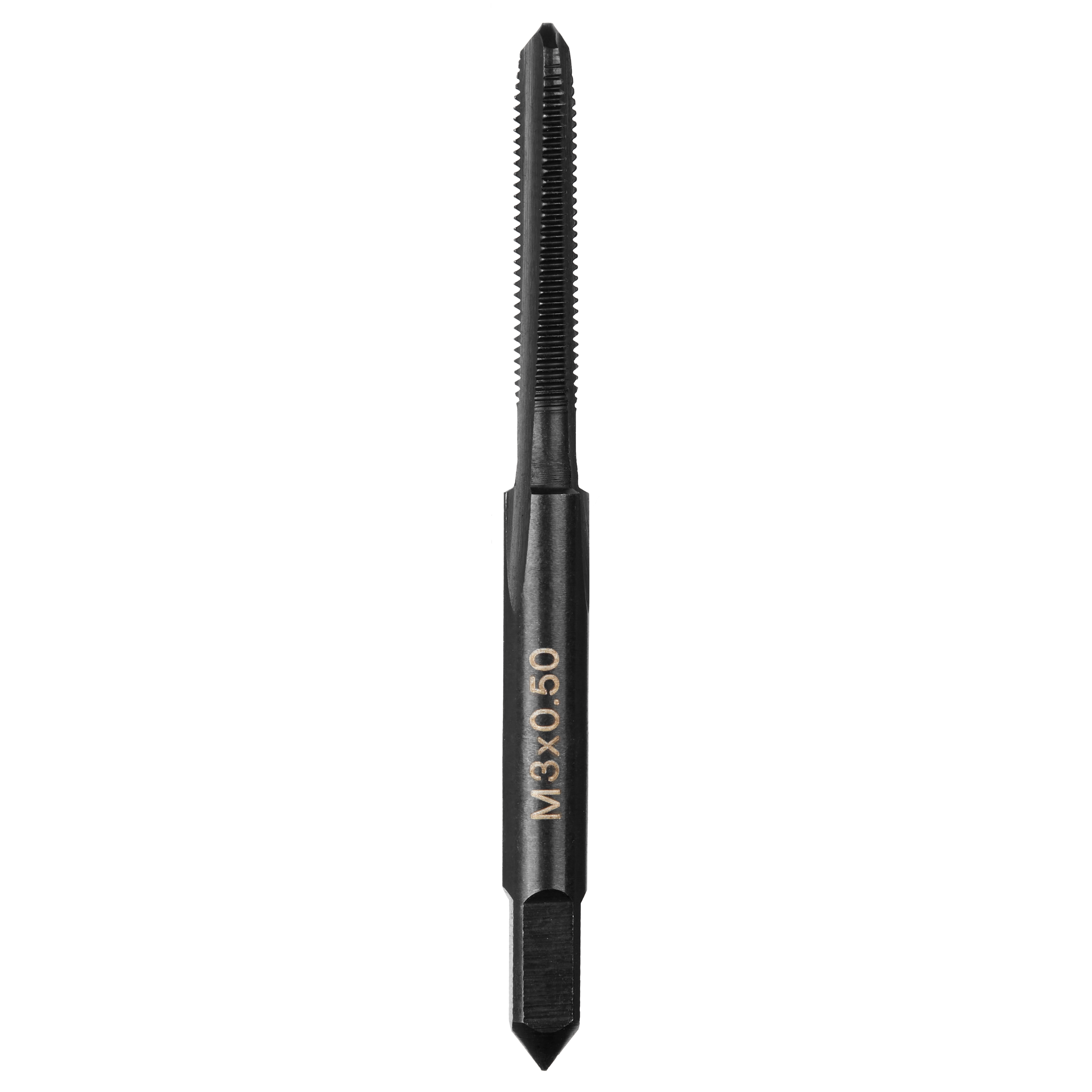 M3-0.50 20mm Straight Flute Plug Tap, metal tool with engraved text and a spiral cutting edge, used for threading holes.