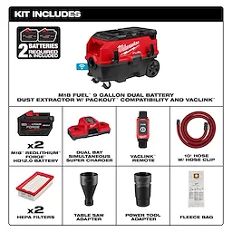 The image displays a Milwaukee M18 FUEL™ 9 Gallon Dual Battery Dust Extractor with PACKOUT™ compatibility and VACLINK™. The kit includes two batteries, a dual bay charger, VACLINK™ remote, 10’ hose with clip, two HEPA filters, table saw adapter, power tool adapter, and a fleece bag.