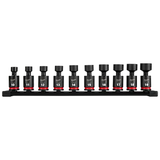 The 10PC SHOCKWAVE Impact Duty 3/8" Drive 6 Point Metric Standard Swivel Socket Set features ten swivel sockets with red bands, organized on a rail. The sockets are labeled with numbers from 10 to 19, representing their sizes.