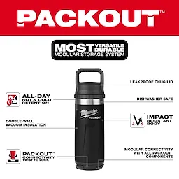 Walkaround image of the Milwaukee PACKOUT 18oz Insulated Bottle with Chug Lid in black highlighting its USPs