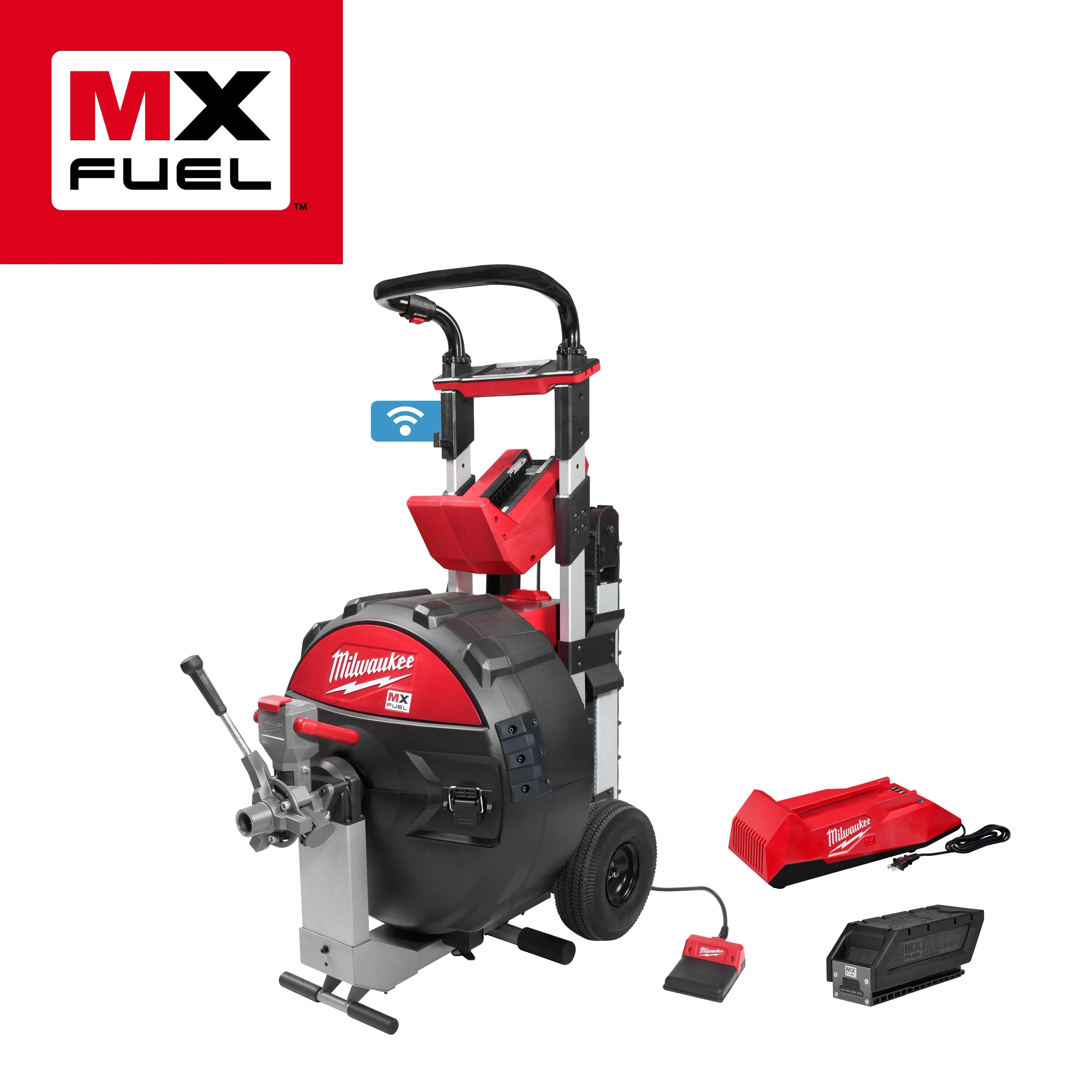 MX FUEL Sewer Drum Machine with POWERTREDZ features a red and black design, mobile handle, and includes a charger and battery pack.