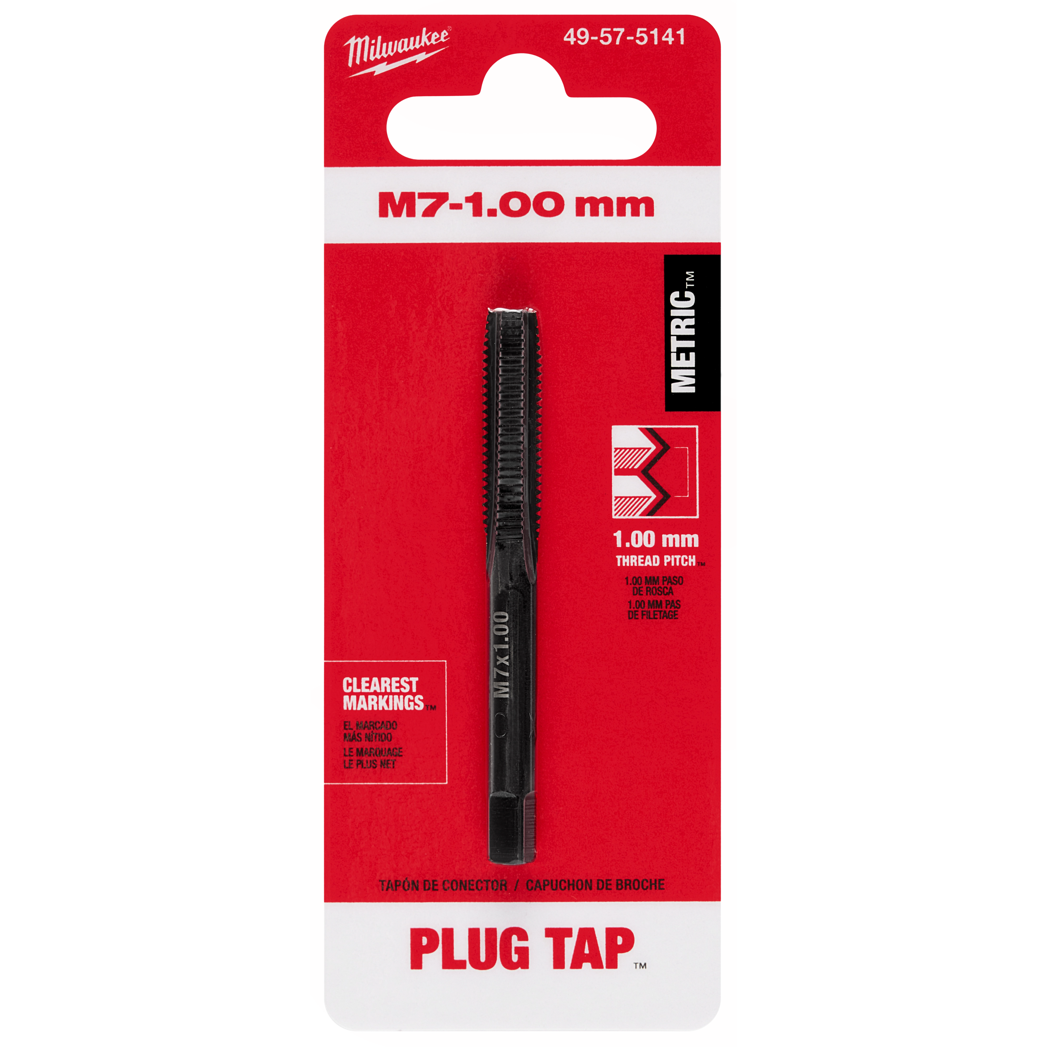 M7-1.00mm Straight Flute Plug Tap in black, displayed in a red and white packaging, with clear markings and a 1.00mm thread pitch.