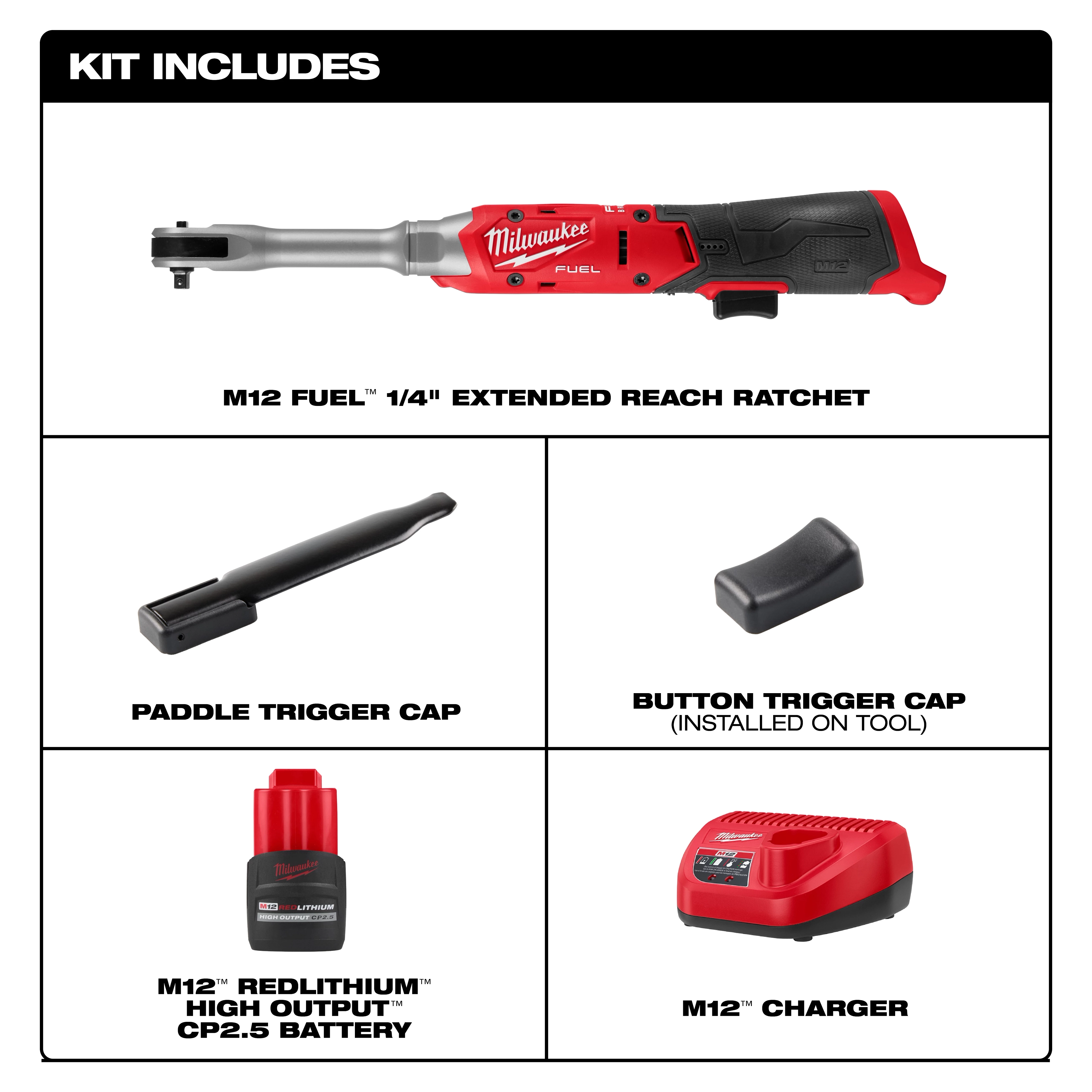 M12 FUEL 1/4" Extended Reach Ratchet kit with trigger caps, battery, and charger displayed in separate sections.